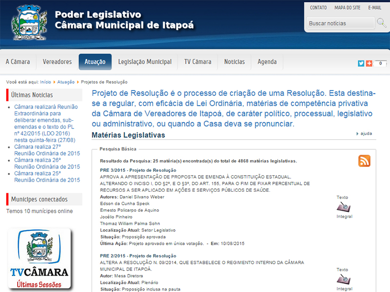 Imagem extraída do site da Câmara de Itapoá às 11h50min dessa quarta-feira, dia 26 de agosto de 2015.