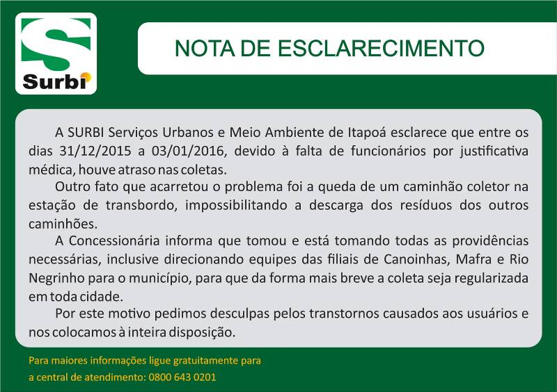 Nota da Surbi sobre falha na coleta de lixo de Itapoa