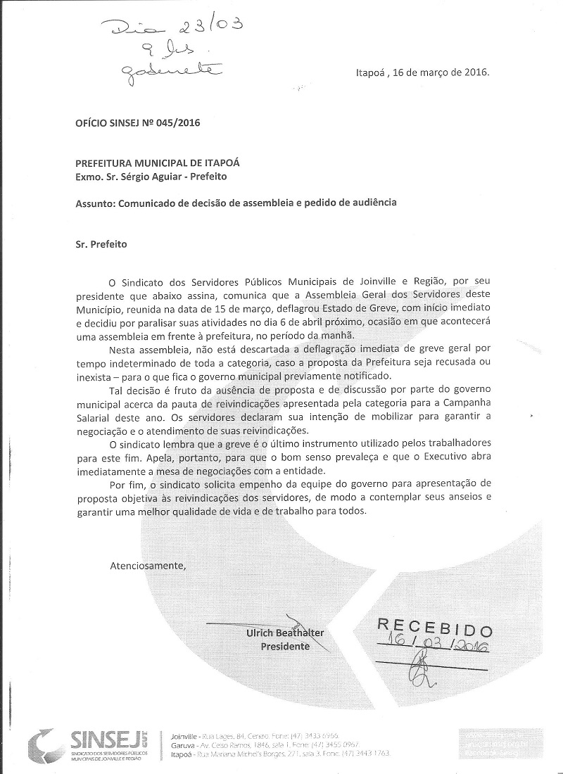 Oficio Sinsej a Prefitura de Itapoa sobre estado de greve