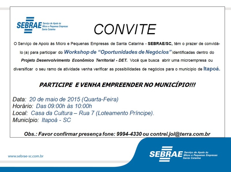 Convite Sebrae para Workshop Oportunidades e Negócios em Itapoá