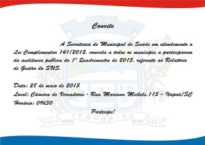 Convite audiência pública primeiro quadrimestre de 2015 com discussão do relatório de gestão do SUS em Itapoá