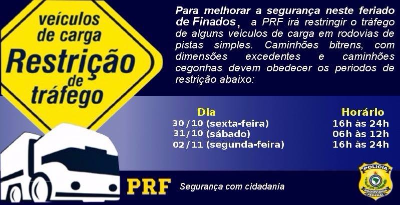 Restricao do trafego de veiculos com cargas nas rodovias simples de SC para o feriadao de Finados