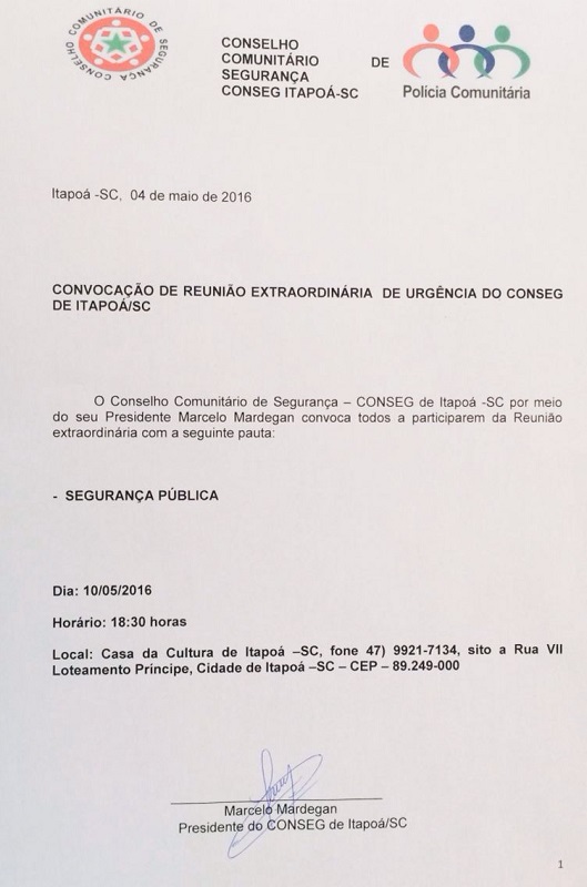 Convocacao reunião extraordinaria Conseg Itapoa para 10-05-16