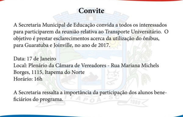 Convite para reuniao sobre o transporte universitario de Itapoa em 17-01-17