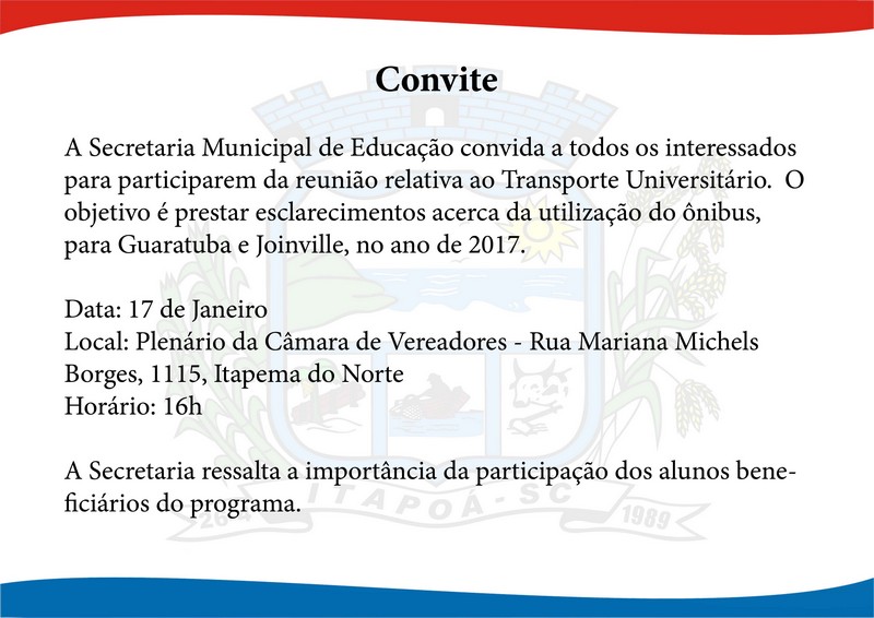 Convite para reuniao sobre o transporte universitario de Itapoa em 17-01-17