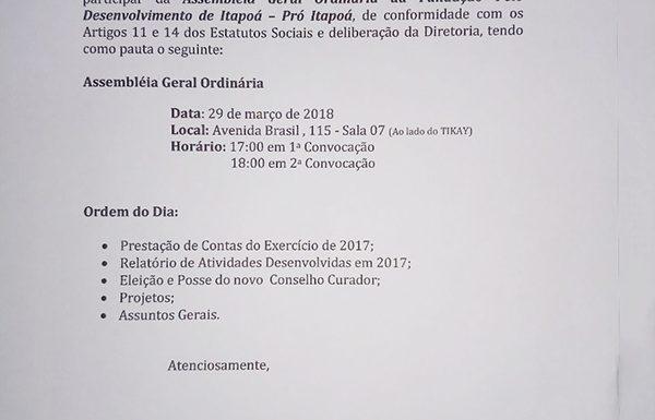 Edital de Convocação Assembleia Ordinaria Fundacao Pro-Itapoa para 29-03-2018