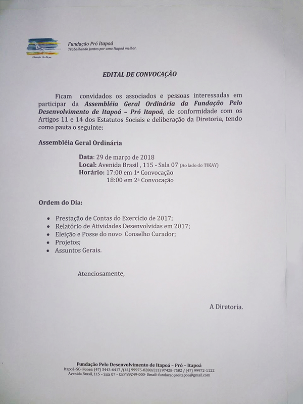 Edital de Convocação Assembleia Ordinaria Fundacao Pro-Itapoa para 29-03-2018