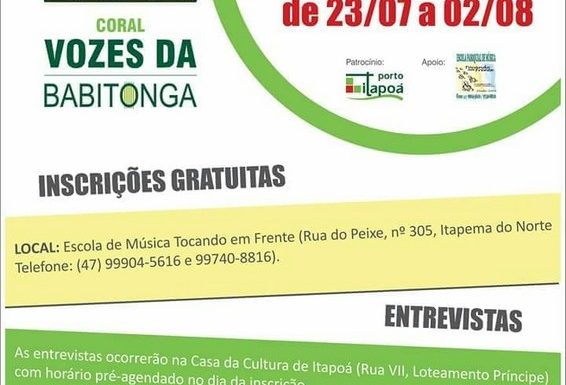 Inscricoes Coral Adulto Vozes da Babitonga de Itapoa 23-07-18 a 02-08-18