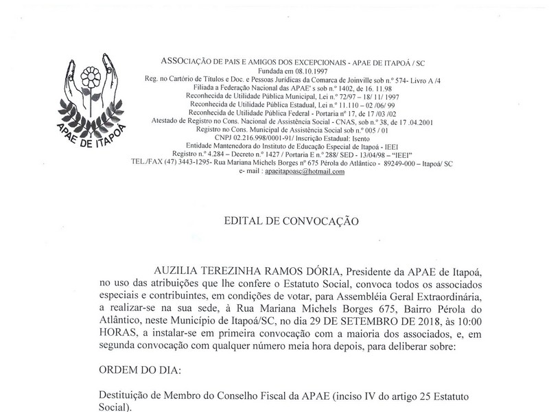 EDITAL CONVOCAÇÃO 001 APAE de Itapoa