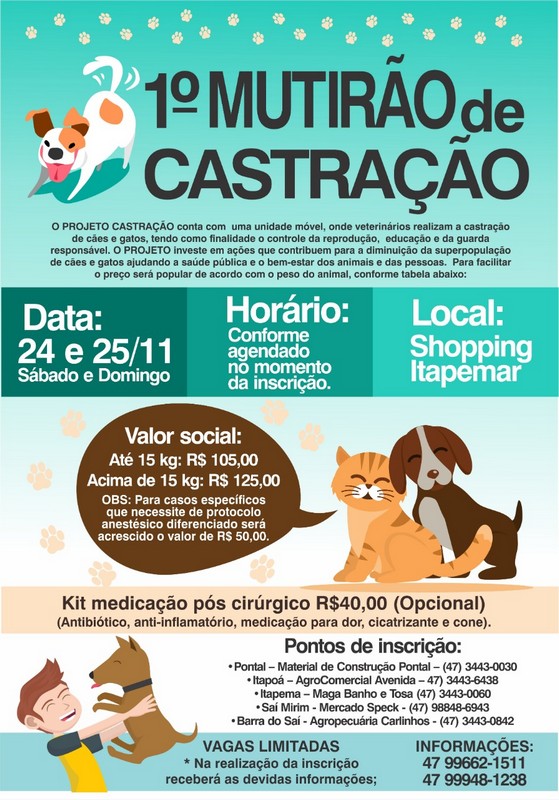 Prefeitura disponibiliza requerimento inscricao no 1o Mutirao de Castracao