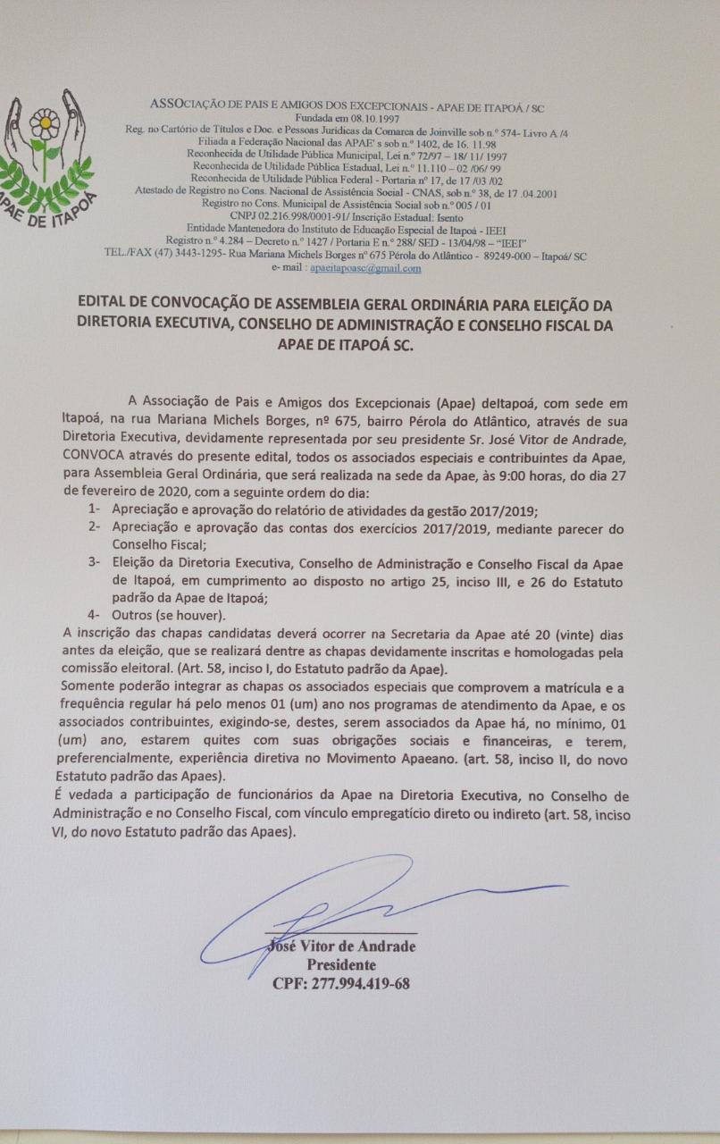 Edital convocacao eleicao APAE Itapoa 27-02-20