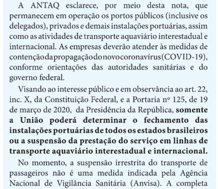 Esclarecimento da Antaq sobre fechamento dos portos