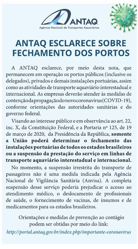 Esclarecimento da Antaq sobre fechamento dos portos
