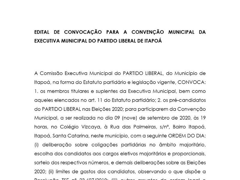 Edital de convocacao para a Convencao Municipal da Executiva Municipal do Partido Liberal de Itapoa