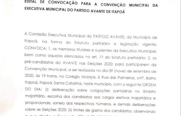 Edital de convocação para a Convencao Municipal da Executiva do Partido Avante de Itapoa - Capa TI