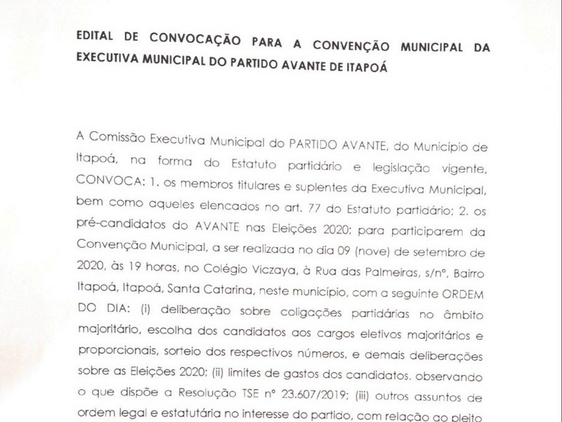Edital de convocação para a Convencao Municipal da Executiva do Partido Avante de Itapoa - Capa TI
