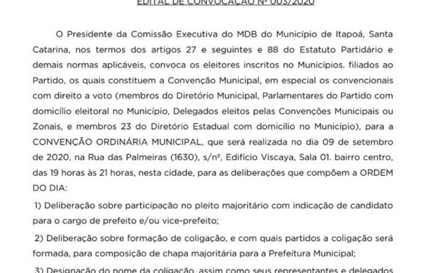 Edital de Convocacao Nº 003-2020 do Movimento Democratico Brasileiro de Itapoa capa TI
