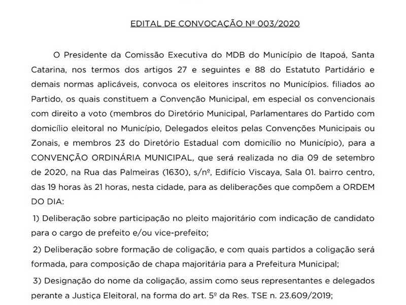 Edital de Convocacao Nº 003-2020 do Movimento Democratico Brasileiro de Itapoa capa TI