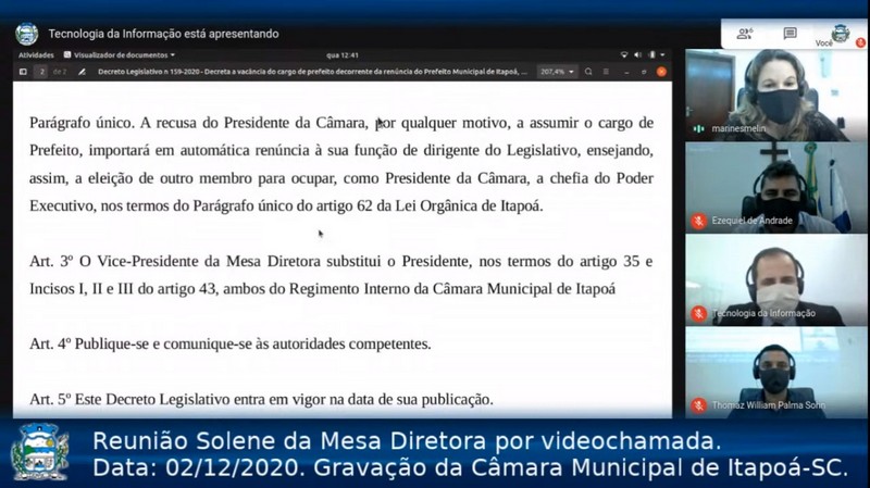 Presidente da Camara assume a Prefeitura e vice-presidente o Poder Legislativo de Itapoa