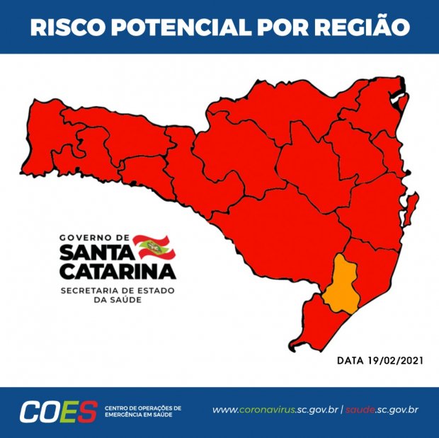 Matriz de Risco atualizada aponta 15 das 16 regioes de Santa Catarina em estado gravissimo