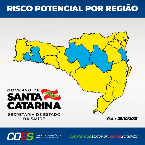 matriz de risco aponta 13 regioes no nivel alto e quatro no moderado para covid-19 em SC
