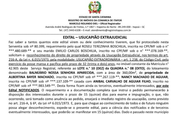 EDITAL - Roseli Terezinha Boschilia (capa Tribuna de Itapoa)