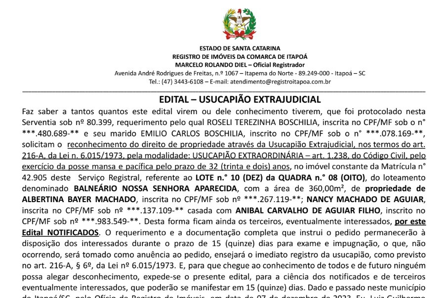 EDITAL - Roseli Terezinha Boschilia (capa Tribuna de Itapoa)