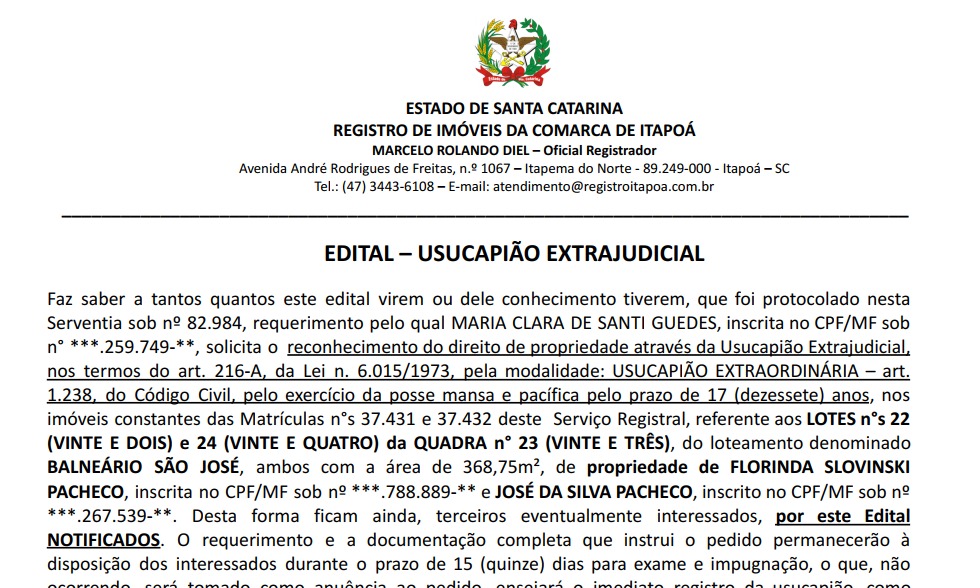 EDITAL USUCAPIAO EXTRAJUDICIAL - MARIA CLARA DE SANTI GUEDES (capa TI)