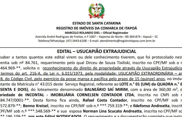 EDITAL Dirceu de Souza Tixiliski - capa Tribuna de Itapoá