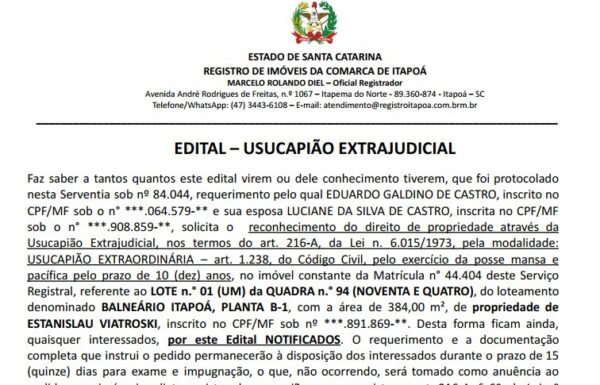 Edital Eduardo Galdino de Castro - Capa Tribuna de Itapoa