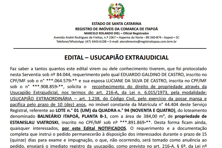 Edital Eduardo Galdino de Castro - Capa Tribuna de Itapoa