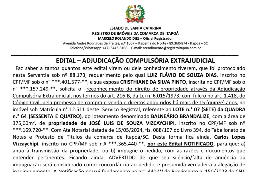 Capa Tribuna de Itapoa - Edital Luiz Flavio de Souza Dias