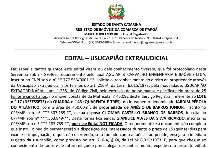 Capa Tribuna de Itapoa - Edital Usucapiao Ampla Engenharia e Imoveis
