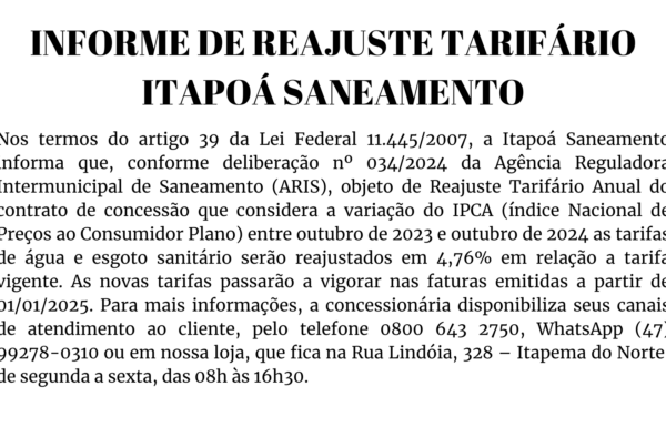 INFORME DE REAJUSTE TARIFÁRIO – ITAPOÁ SANEAMENTO
