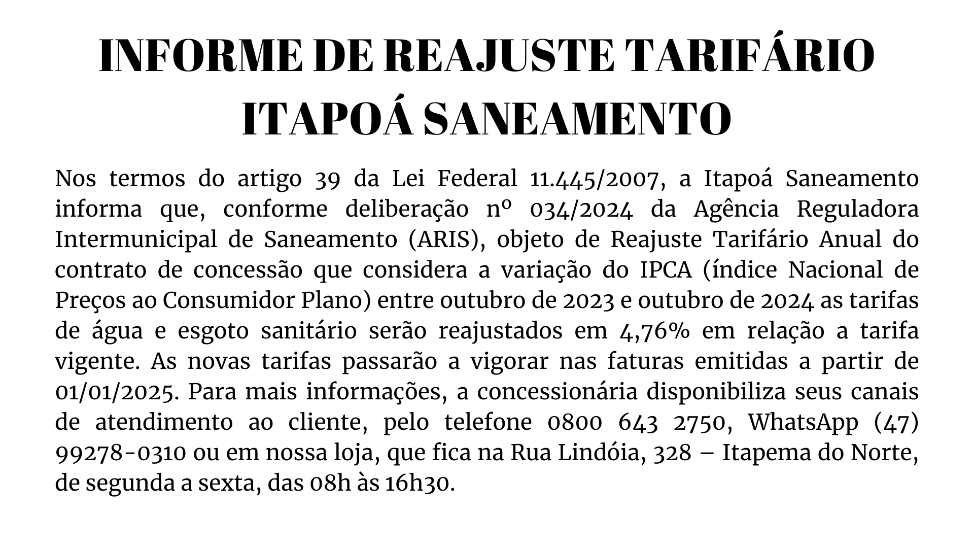 INFORME DE REAJUSTE TARIFÁRIO – ITAPOÁ SANEAMENTO