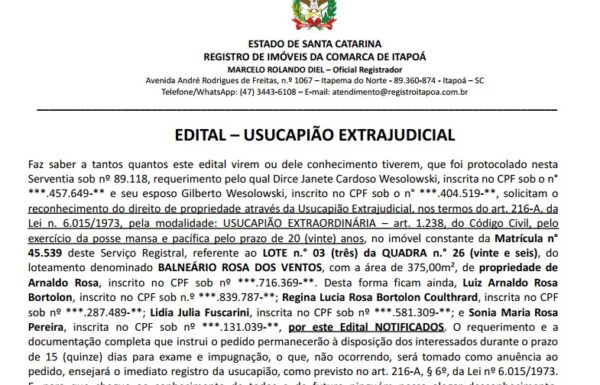 EDITAL Dirce Janete Cardoso WesolowskI - Capa Tribuna de Itapoa