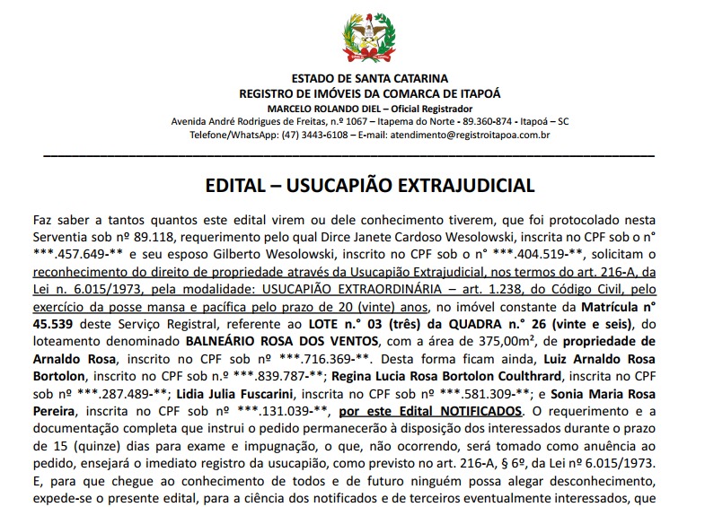 EDITAL Dirce Janete Cardoso WesolowskI - Capa Tribuna de Itapoa