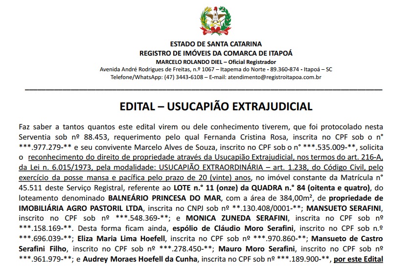 EDITAL Fernanda Cristina Rosa - Capa Tribuna de Itapoá