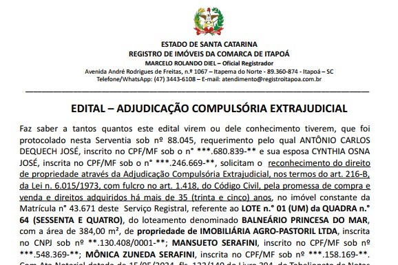Edital Antonio Carlos Dequech Jose - Capa Tribuna de Itapoa