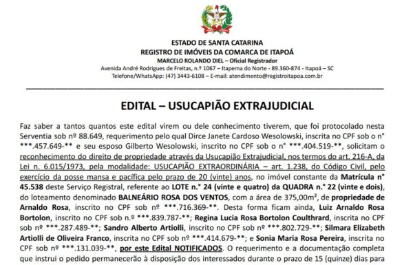Edital DIRCE JANETE CARDOSO WESOLOWSKI - Capa Tribuna de Itapoa