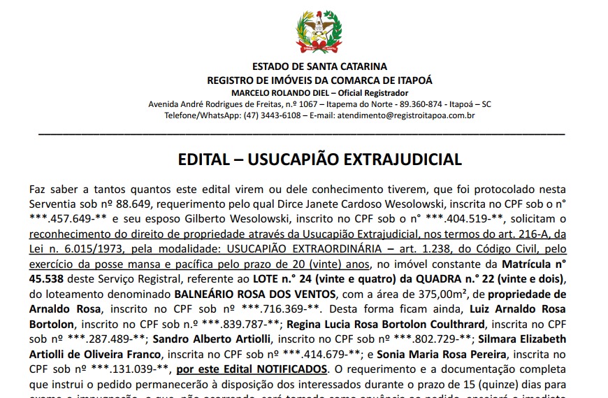Edital DIRCE JANETE CARDOSO WESOLOWSKI - Capa Tribuna de Itapoa