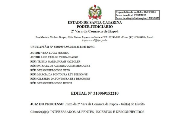 Edital Luiz Carlos Vieira Diavao - Capa Tribuna de Itapoa