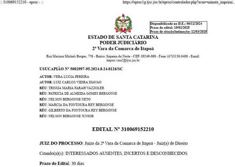 Edital Luiz Carlos Vieira Diavao - Capa Tribuna de Itapoa