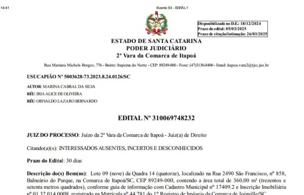 EDITAL Nº 310069748232 - USUCAPIÃO Nº 5003628-73.2023.8.24.0126-SC - CapaTribuna de Itapoá