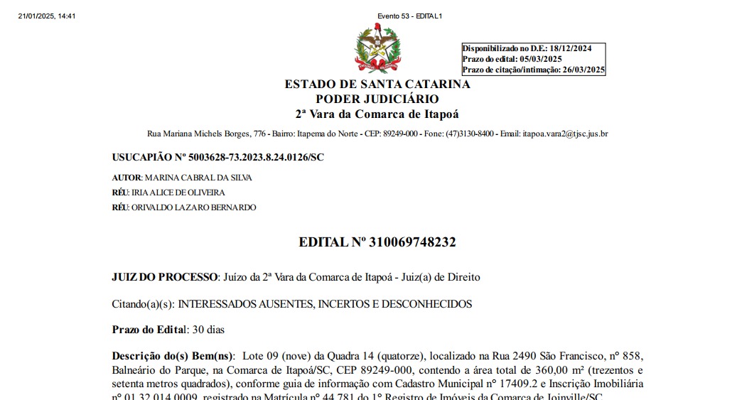 EDITAL Nº 310069748232 - USUCAPIÃO Nº 5003628-73.2023.8.24.0126-SC - CapaTribuna de Itapoá