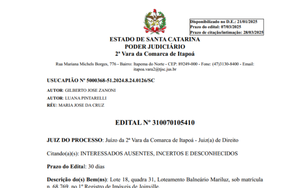 EDITAL DE GILBERTO JOSE ZANONI - capa Tribuna de Itapoa 2