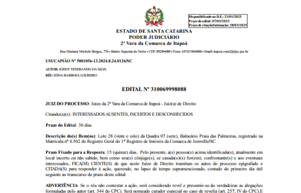 Edital JOHNY VENERANDO DA SILVA - Capa Tribuna de Itapoa