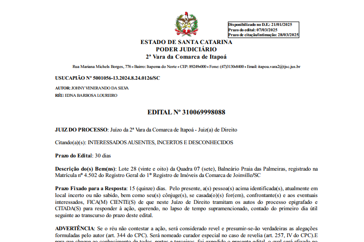 Edital JOHNY VENERANDO DA SILVA - Capa Tribuna de Itapoa