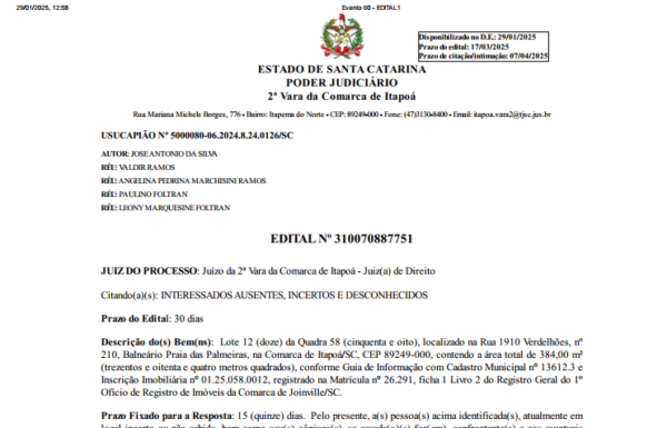 Edital José Antonio da Silva 5 - 16-02-24 - Capa Tribuna de Itapoa