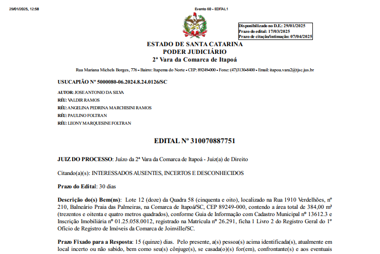 Edital José Antonio da Silva 5 - 16-02-24 - Capa Tribuna de Itapoa